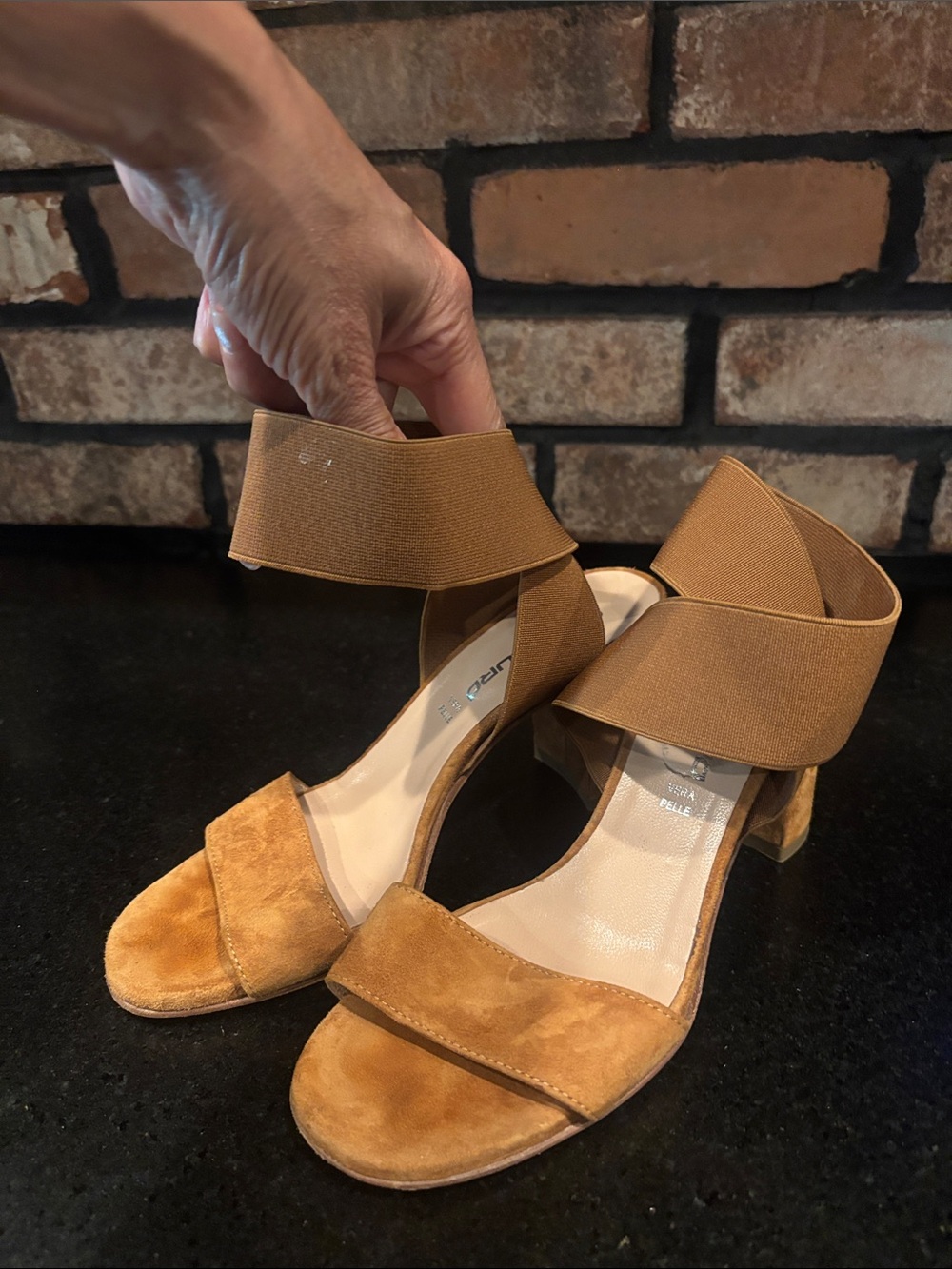 Women's Tan Suede Block Heel Sandals with Elastic Ankle Strap 36